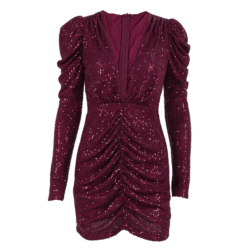Sequin V-Neck Long-Sleeve Ruched Bodycon Mini Dress