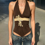 Women's Color Floral Embroidered Sequ V Neck Halter Sling Street Top