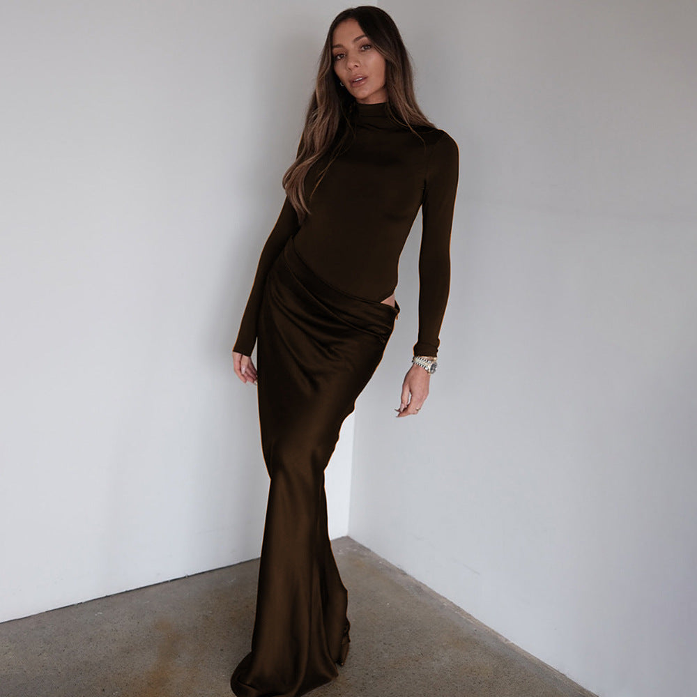 Mock-Neck Long-Sleeve Cutout Bodycon Maxi Dress