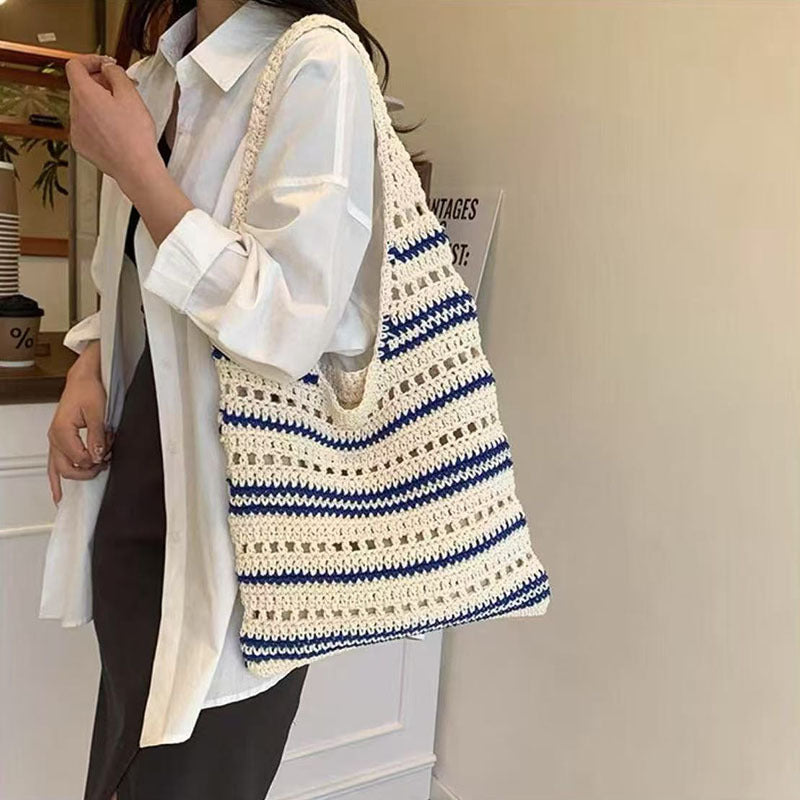 Women's Striped Woven Straw Beach Bag