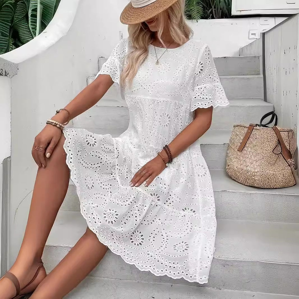 Cotton Embroidered Lace Short-Sleeve A-Line Midi Dress