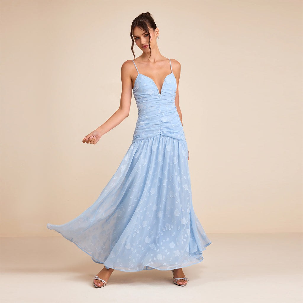 Women's Floral V-Neck Ruched Maxi Dress