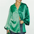 Spring Summer Satin Colorblock Oversized Shirt Casual Straight Pants Two-Piece Set