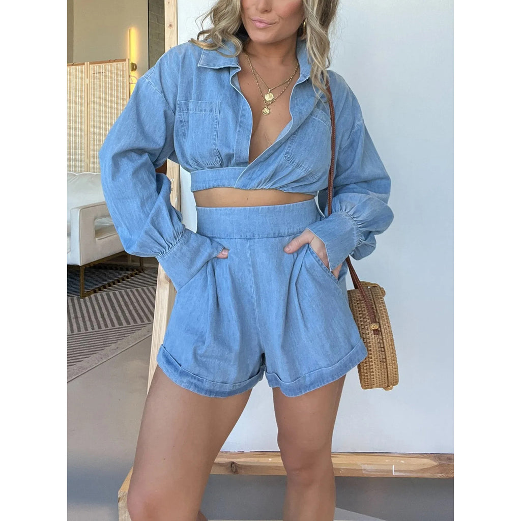 Women's Wear Denim Shirt Deep V Plunge Long Sleeve Shorts Sets