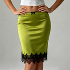 Elegant Graceful Women Satin Skirt Lace Stitching Contrast