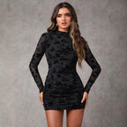 Women's Black Floral Cutout Backless Sheath Dress