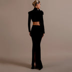 Women's Mock-Neck Rhinestone Crop Top & Maxi Skirt Two-Piece Set