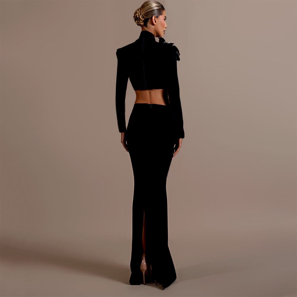 Women's Mock-Neck Rhinestone Crop Top & Maxi Skirt Two-Piece Set