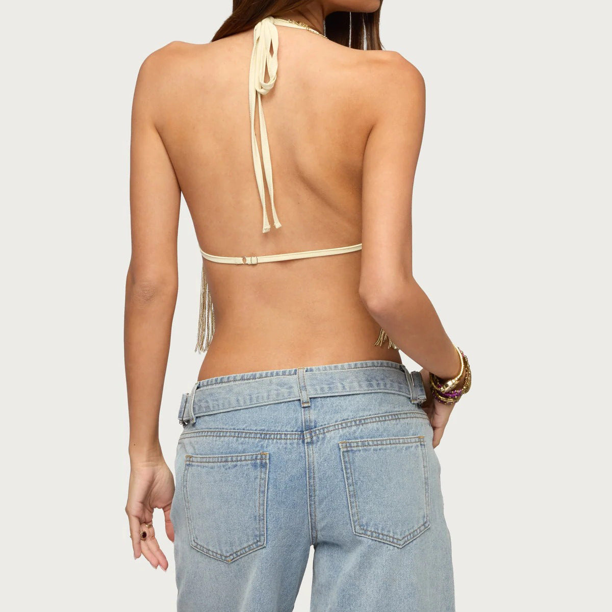 Sexy Women Sequined Tassel Lace up Halterneck Spaghetti