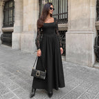 Women's Elegant Lightly Mature Black Square Collar Lace Long Sleeve Dress
