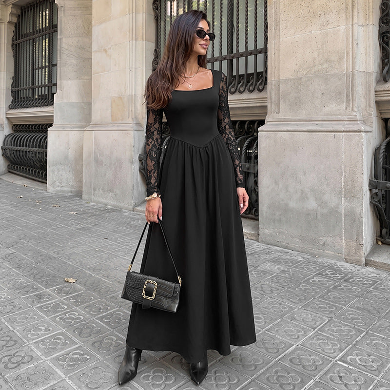 Women's Elegant Lightly Mature Black Square Collar Lace Long Sleeve Dress