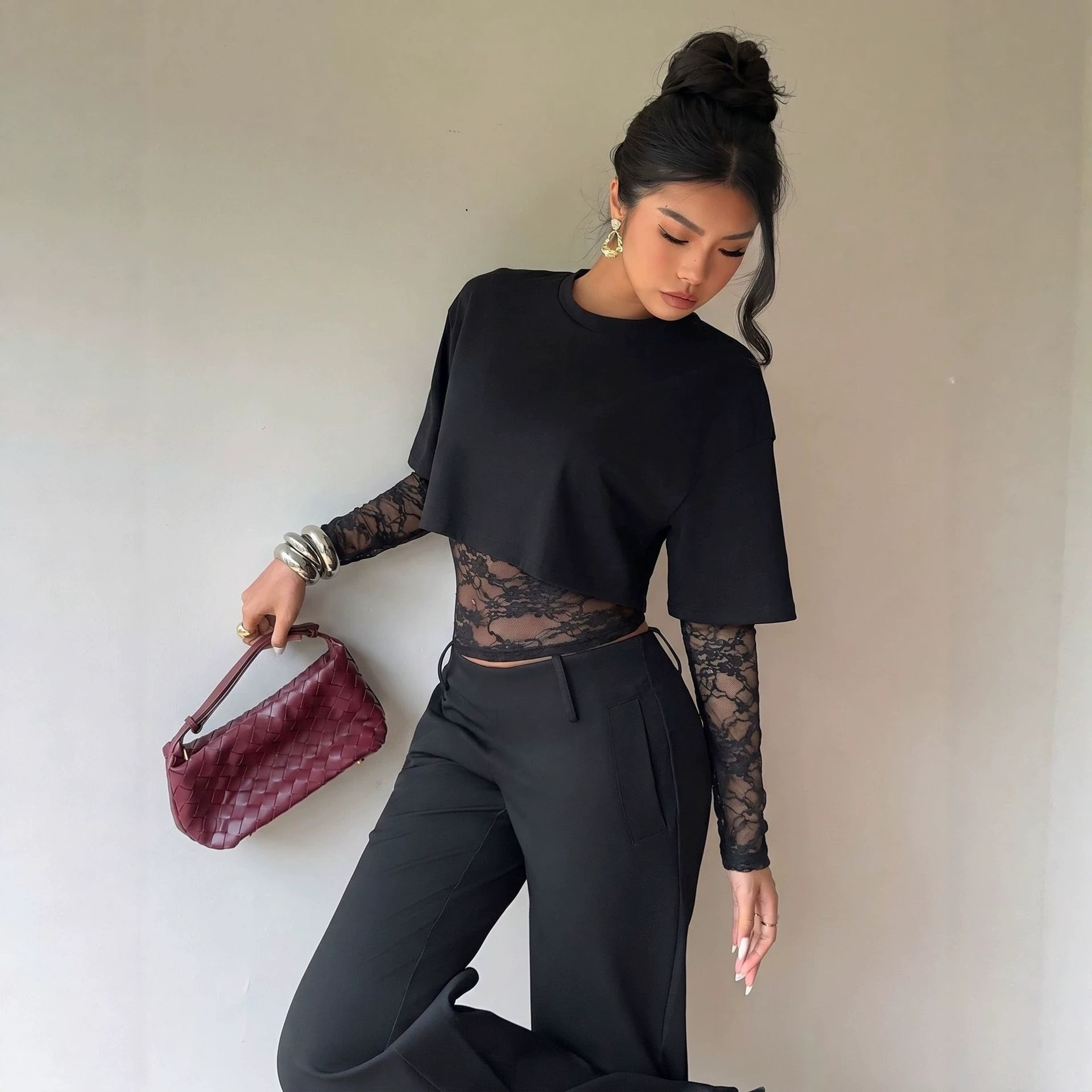 Autumn Lace Stitching Cropped Outfit Slim Solid Color Long