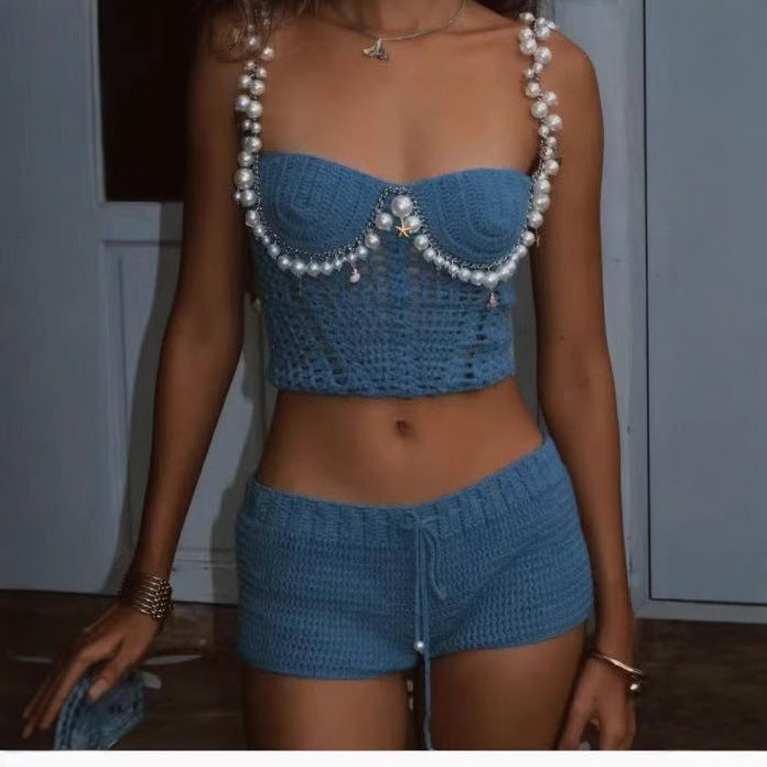 Spring Summer Solid Color Crop Top Spaghetti Strap Beaded Top Short Sets