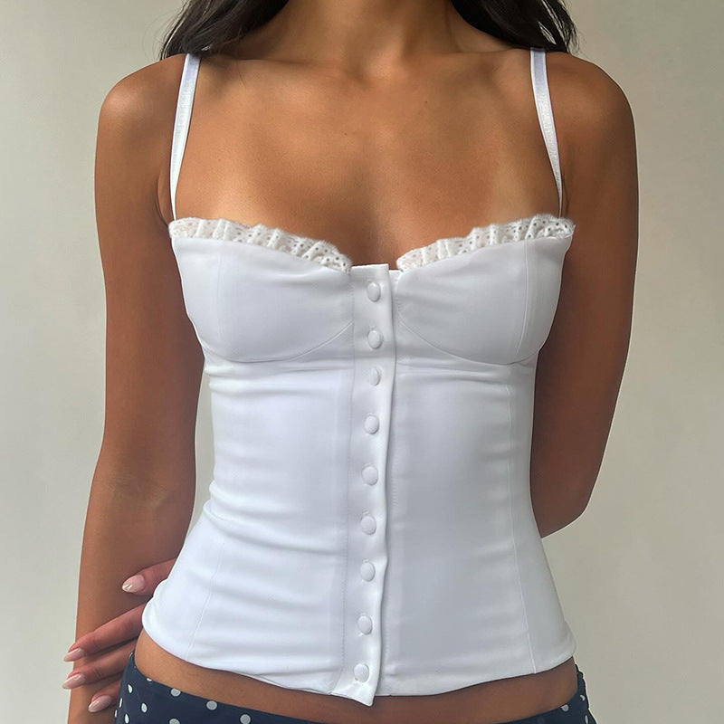's Lace Stitching Chest Breasted Waist Shaping Sling Solid Color Top