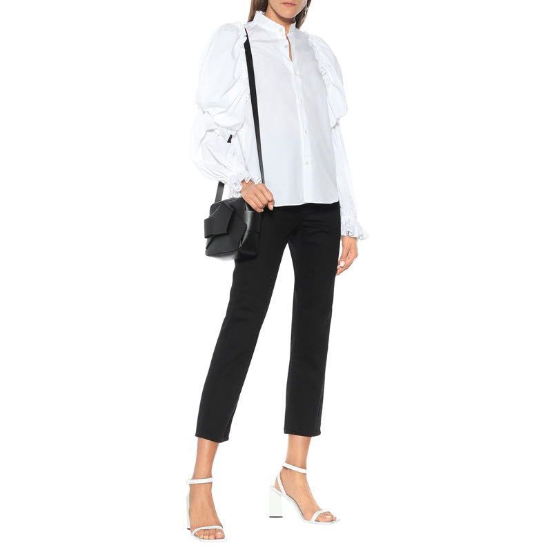 Women's Shirt Women Long Sleeve Lantern Sleeve Women Shirt White Stand Collar