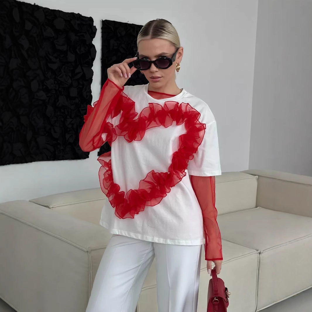 Women's Love Pleated Stitching T Shirt Women Round Neck Loose Fitting Pure Cotton Top