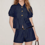 Elegant Sweet Small Gathers Cropped Denim Top Low Waist