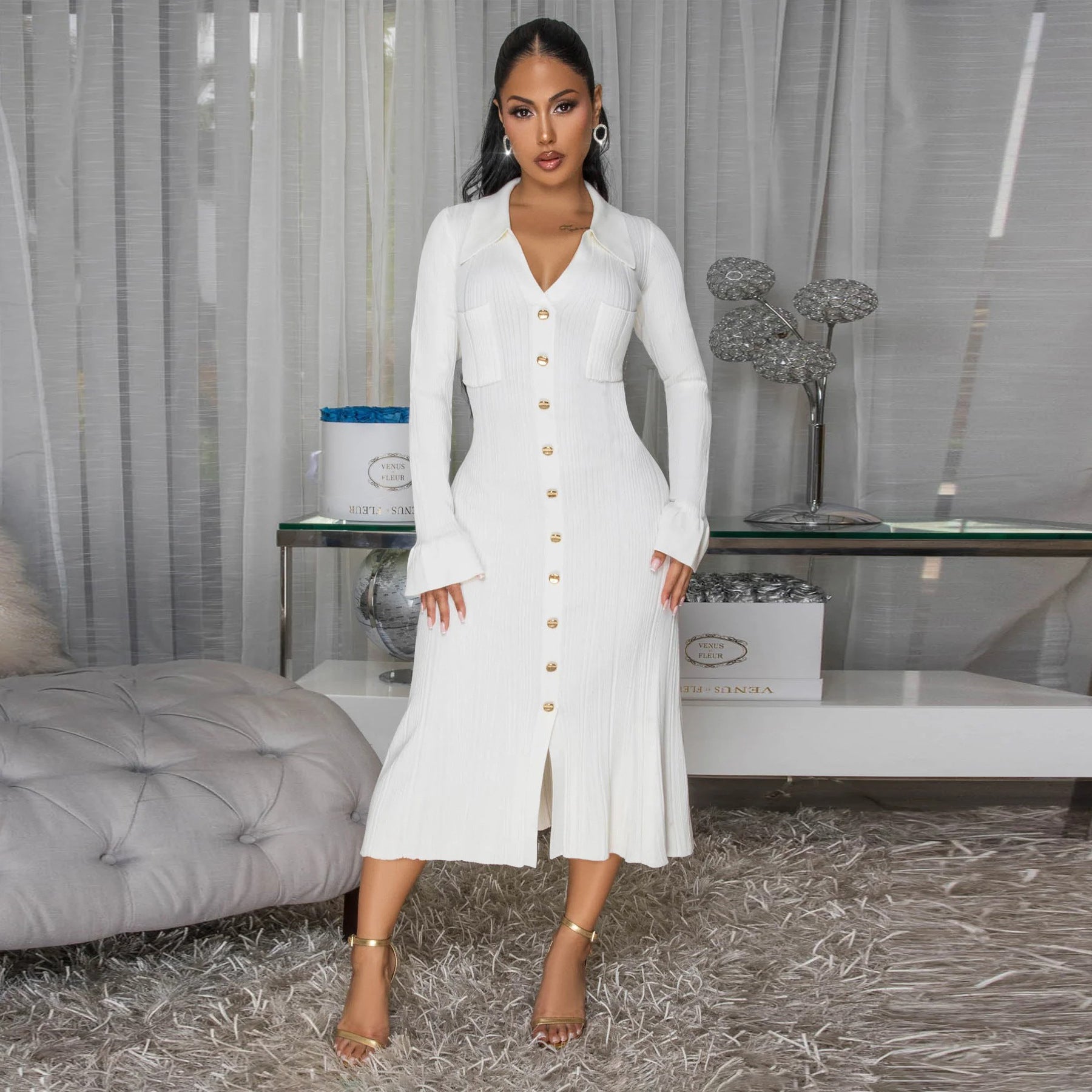 V-Neck Button Long-Sleeve Dress