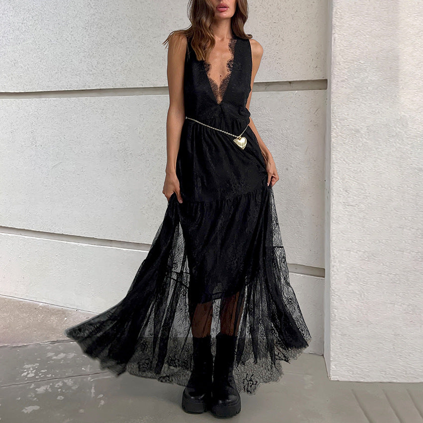 Black Brocade Lace Backless Dress