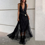 Black Brocade Lace Backless Dress