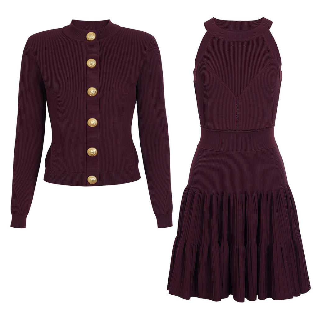 Knit Button-Detail Long-Sleeve A-Line Mini Dress