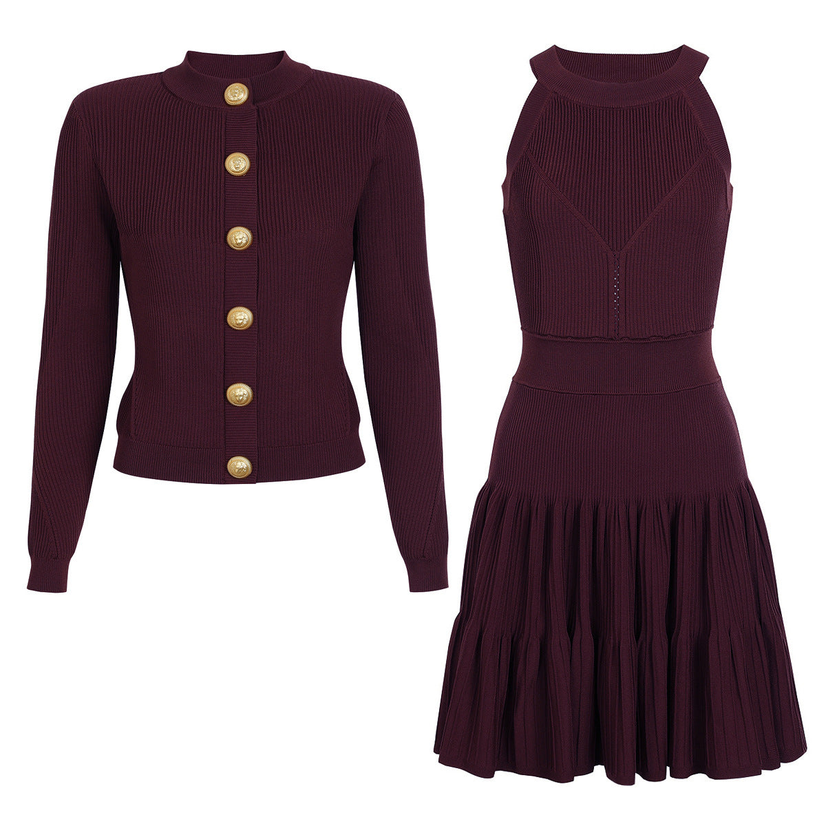 Knit Button-Detail Long-Sleeve A-Line Mini Dress
