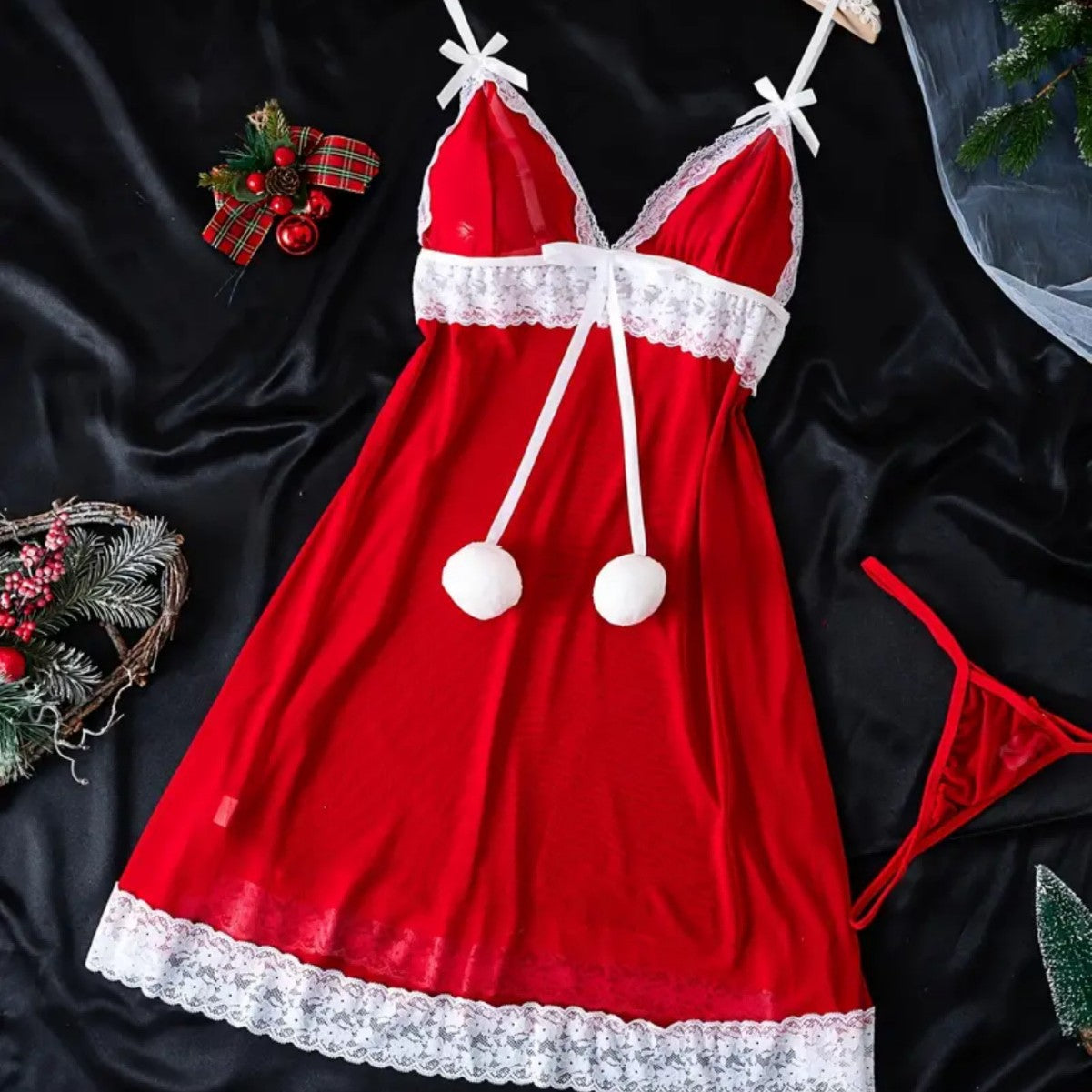 Christmas Clothing Sexy Sling Nightdress Red Christmas Homewear Dress Set
