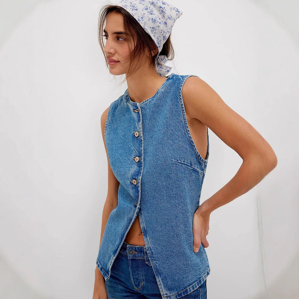 Slim Fit Buttoned Denim Vest