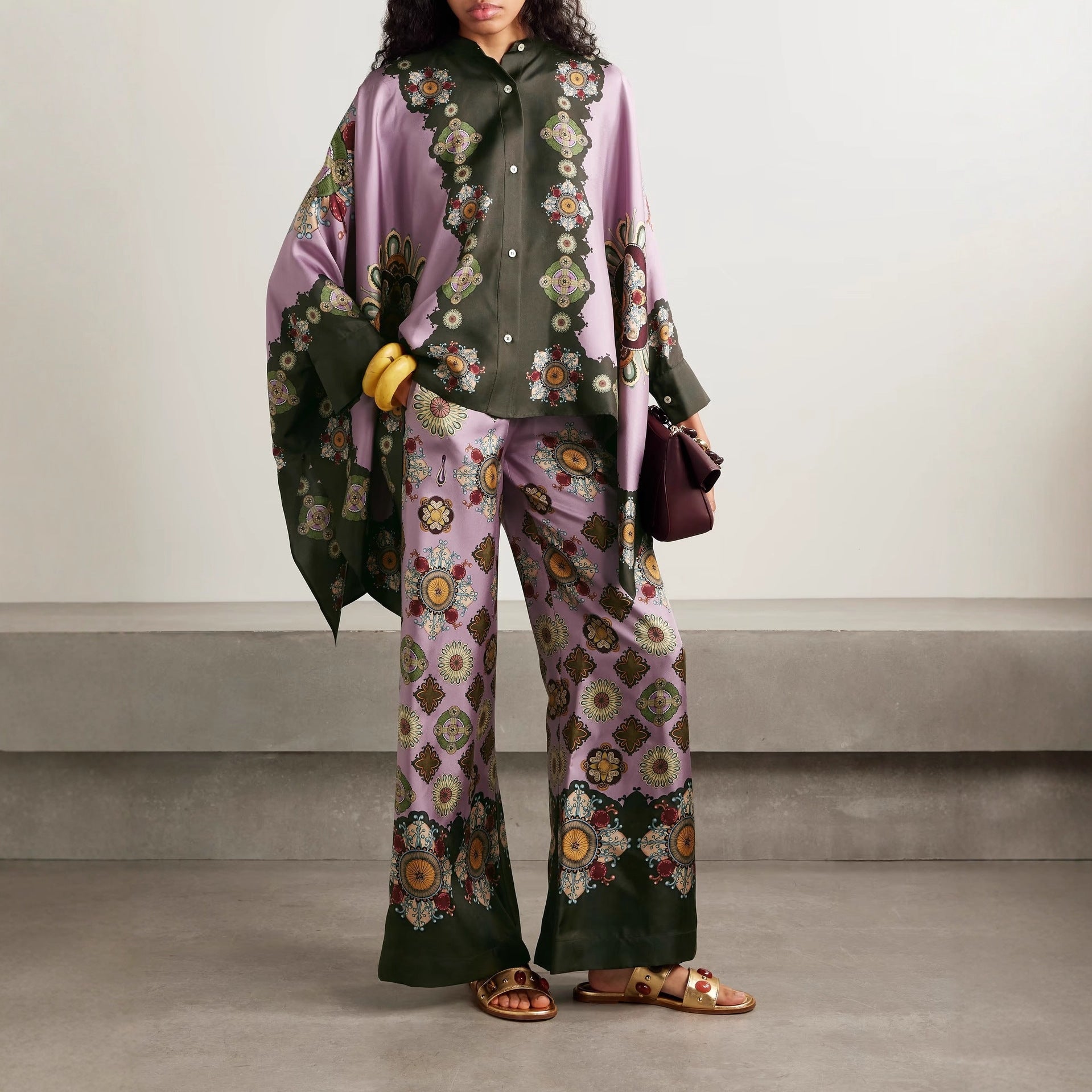 Casual Loose Retro Printed Satin Top Wide Leg Trousers Two Piece Sets