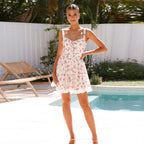 Women's V-Neck Floral Lace Patchwork Tie A-Line Mini Dress