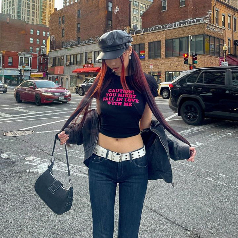 Women's Street Trendy Sexy Letter Graphic Print Cropped Short Short Sleeve T Shirt Bottoming Shirt Women