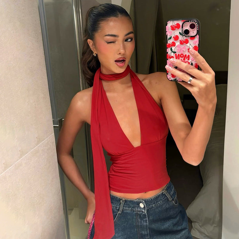 Women’s Scarf Strap Backless Halter Top