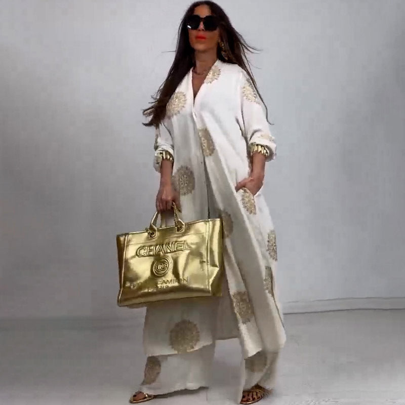 Elegant V-Neck Top Printed Wide Leg Pants Two Piece Set