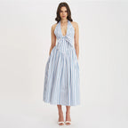 Summer French Bow Halter Backless Striped Dress