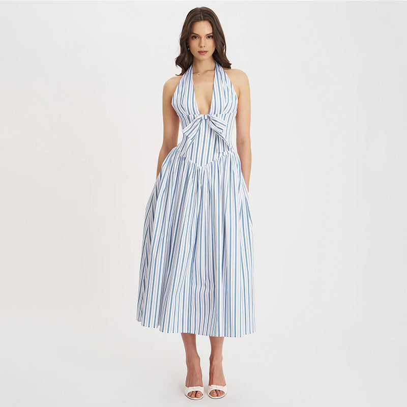 Summer French Bow Halter Backless Striped Dress