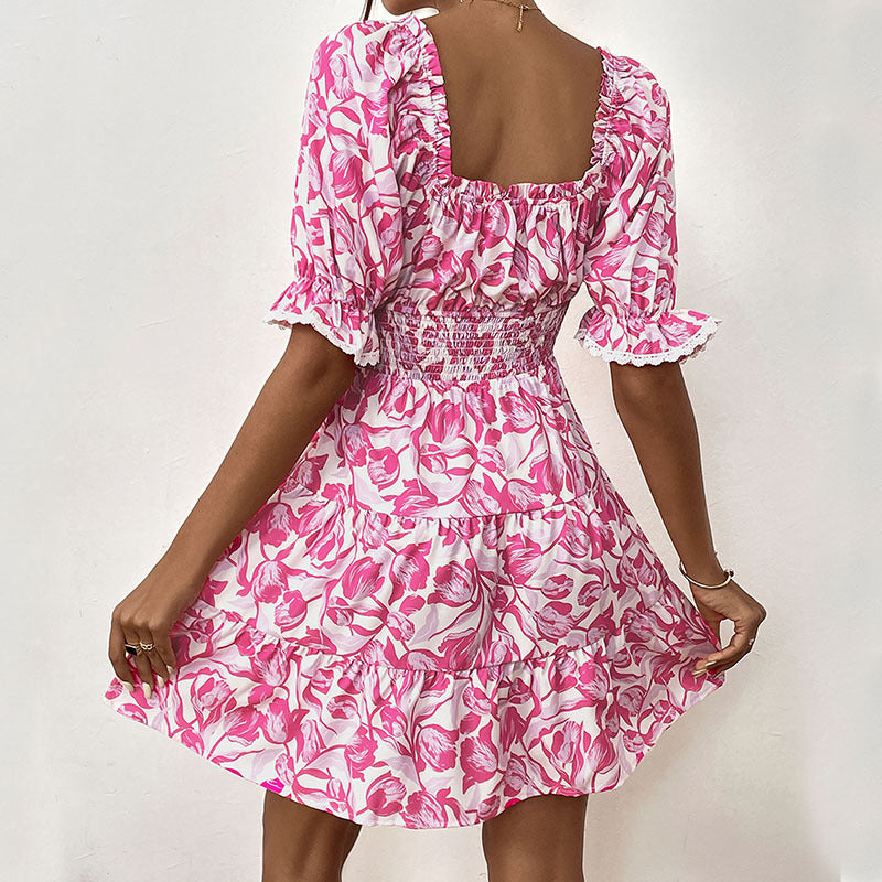 A-Line Puff Sleeve Short-Sleeve Lace-Up Smocking Dress