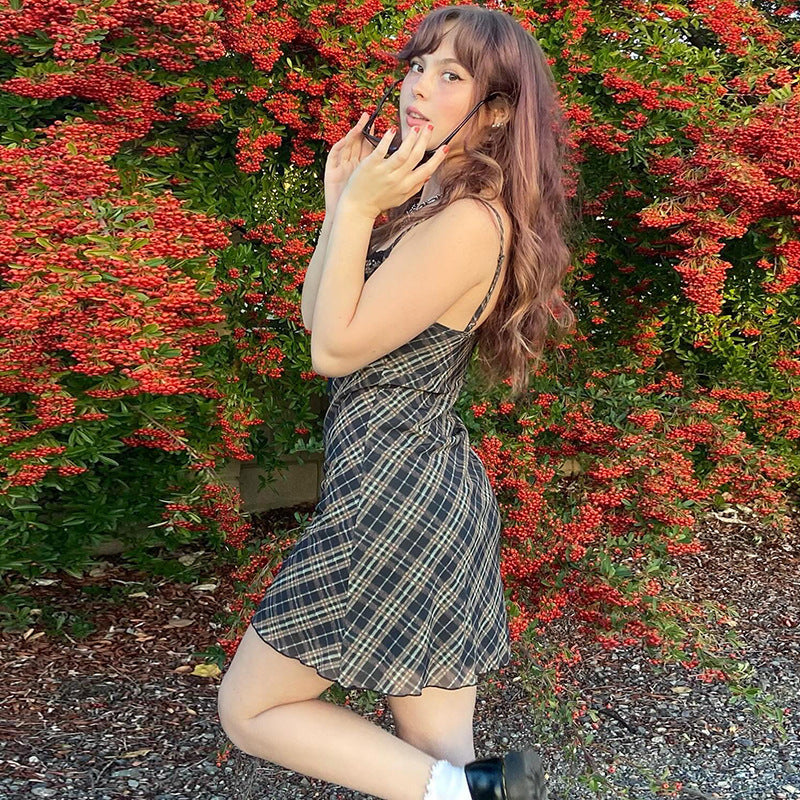 Plaid Lace-Trim A-Line Dress