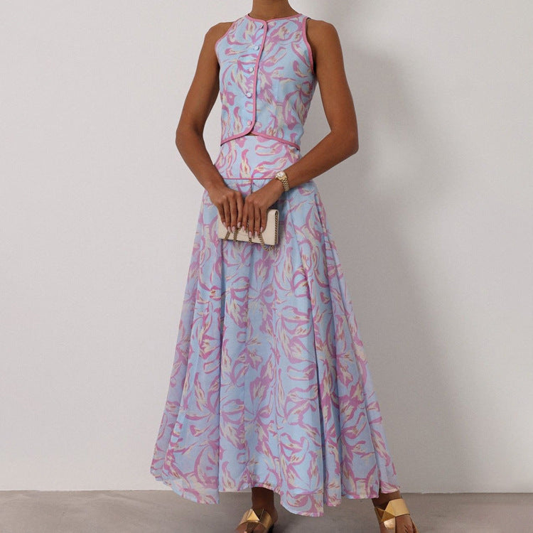 Summer Printed Skirt Set Women Arrival round Neck SL