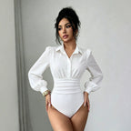 Polo Collar Breasted Bubble Long Sleeve Waist High Fork