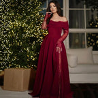 Women's Wine Red Lace Off-Shoulder Maxi Dress