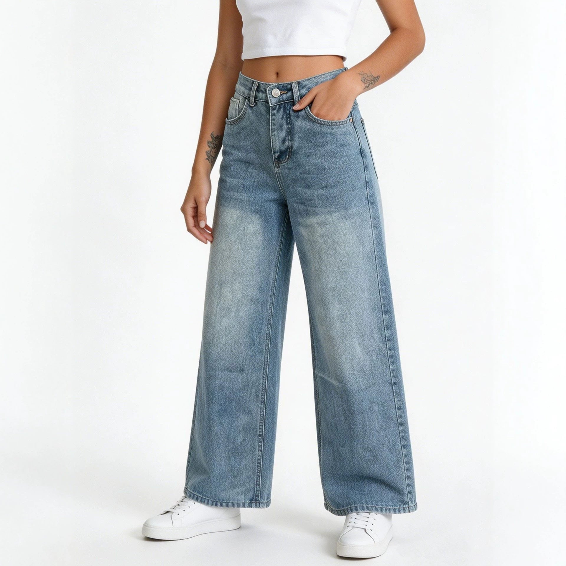 Retro Loose High Waist Wide Leg Straight Women Denim Pants