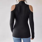 Women's Ribbed Off-Shoulder Zipper Long Sleeve Top