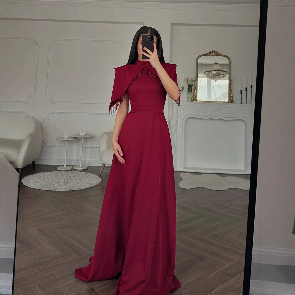 High-Collar Beaded Ball-Gown Maxi Dress