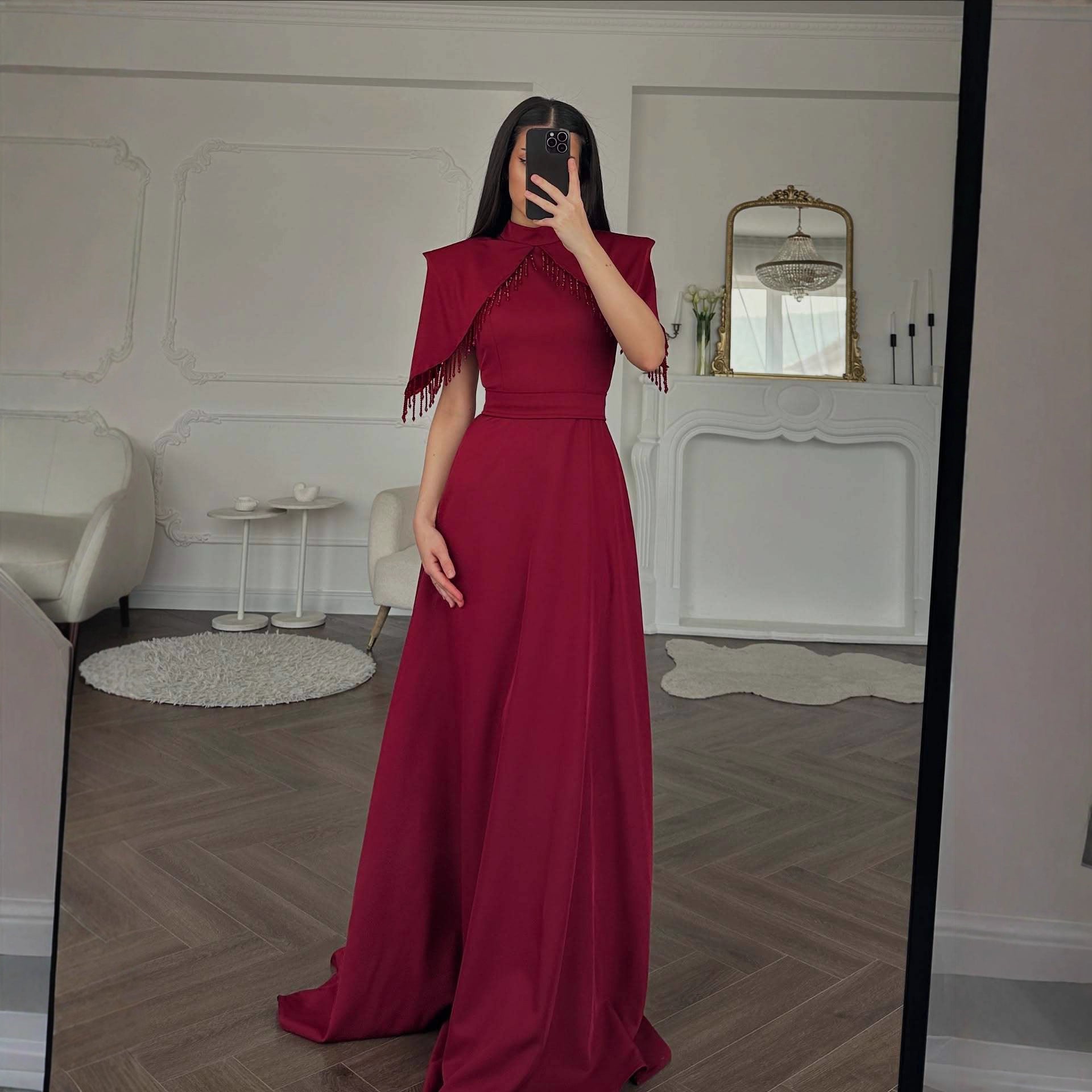 High-Collar Beaded Ball-Gown Maxi Dress