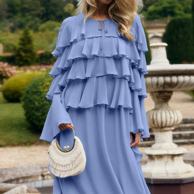 Hierarchical Design Elegant Tiered Ruffle Maxi Dress Loose Lace Up