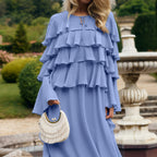 Hierarchical Design Elegant Tiered Ruffle Maxi Dress Loose Lace Up