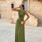 Women's Olive Green Pleated-Waist Maxi Evening Dress