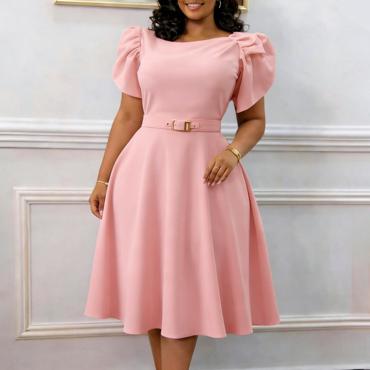Women's Fashionable Elegant Round Neck High Waist Dress