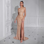 Women Sexy High Split Dress Oblique Shoulder Gorgeous Party Dinner Dress