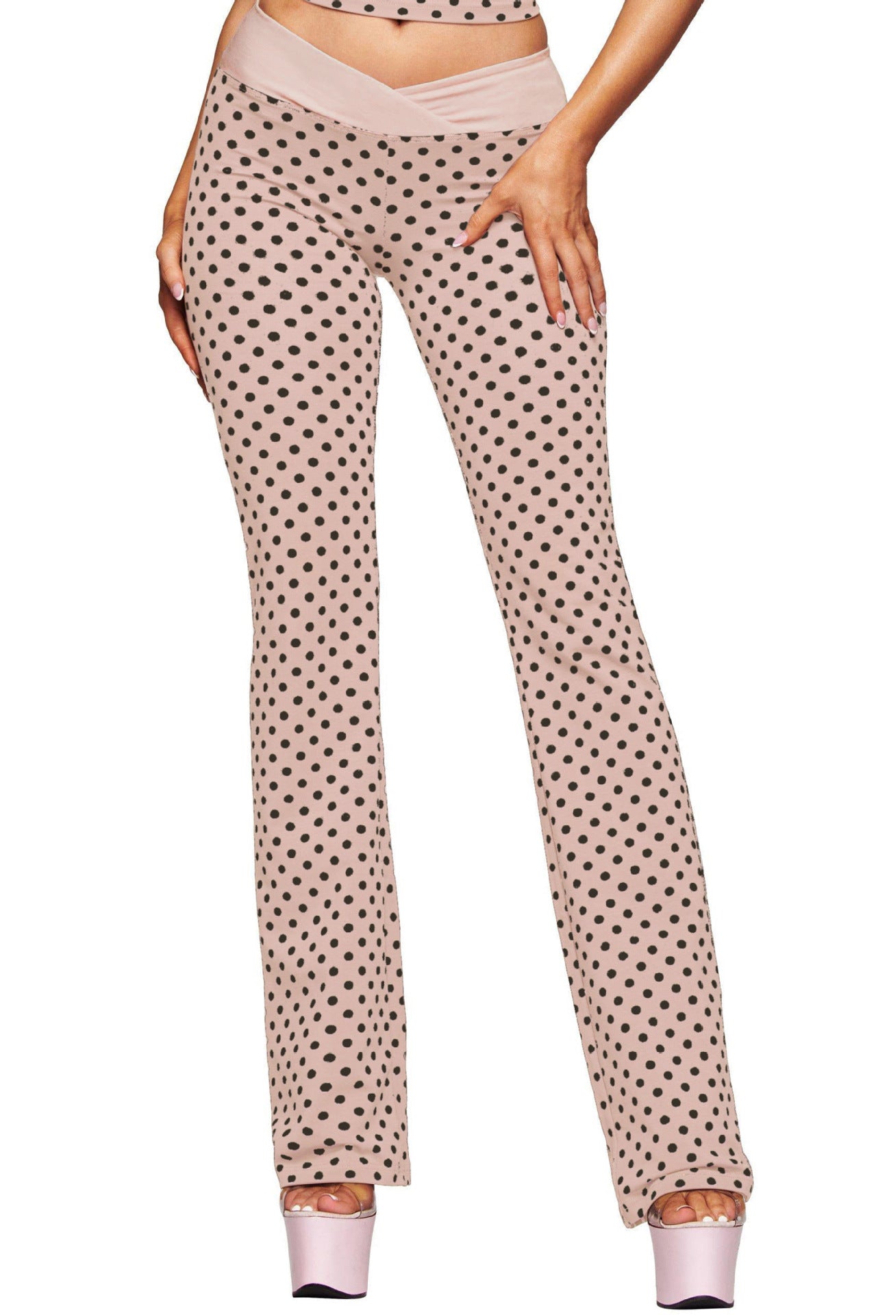 Blush polka-dot straight-leg lingerie pants with soft waistband